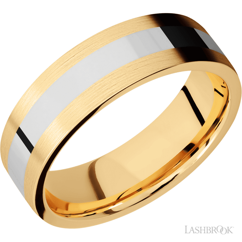 7 mm wide/Flat/14K Yellow Gold band with one 3 mm Centered inlay of 14K White Gold.
