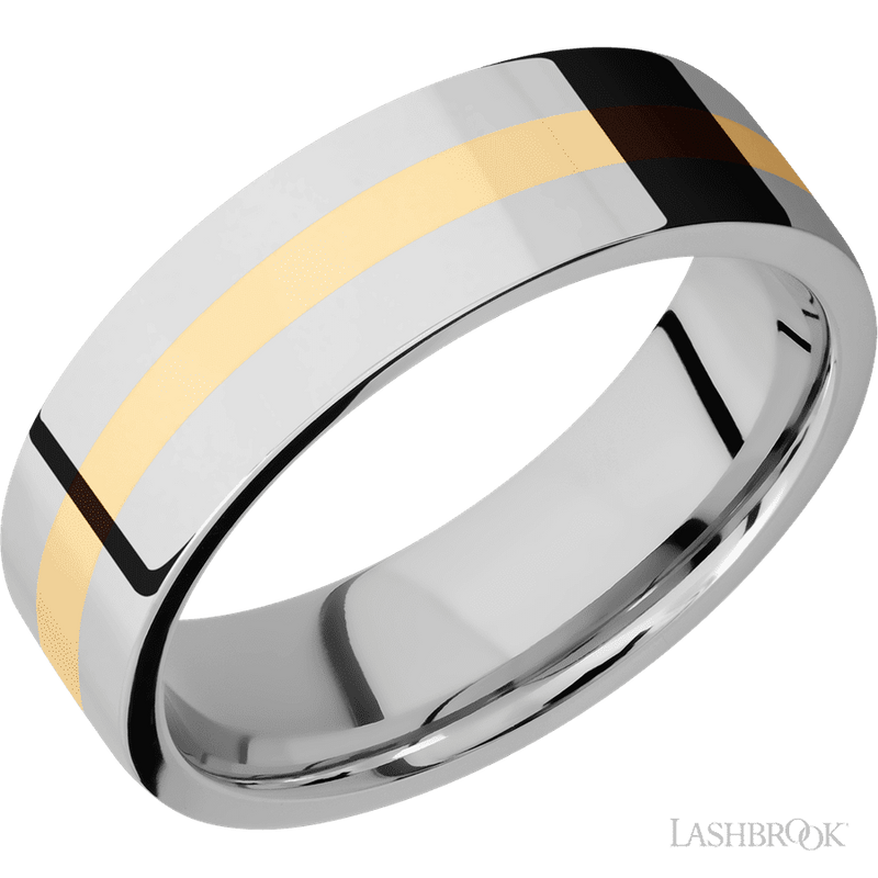 7 mm wide/Flat/14K White Gold band with one 2 mm Centered inlay of 14K Yellow Gold.