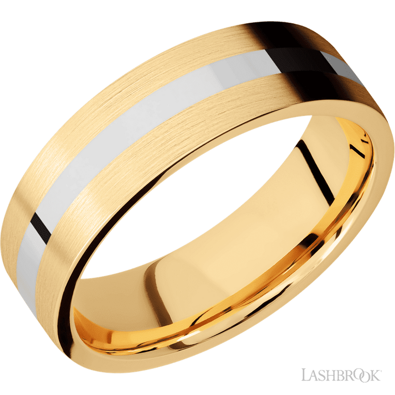 7 mm wide/Flat/14K Yellow Gold band with one 2 mm Centered inlay of 14K White Gold.