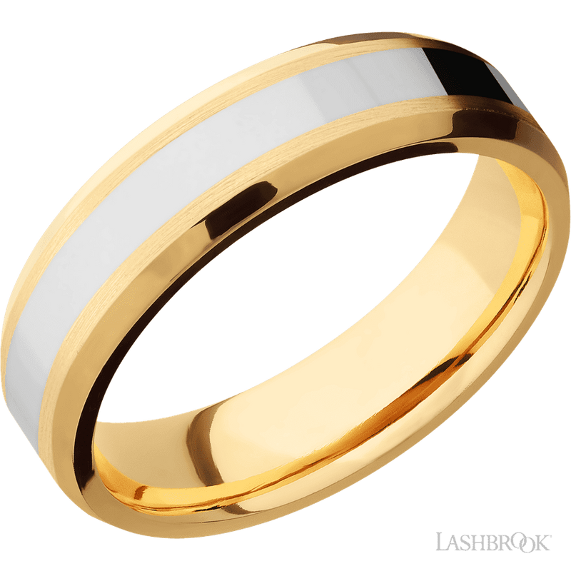 6 mm wide/Beveled/14K Yellow Gold band with one 3 mm Centered inlay of 14K White Gold.