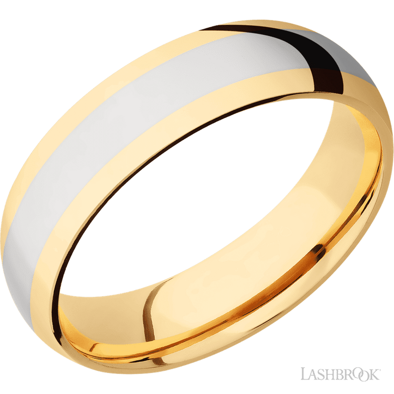 6 mm wide/Domed/14K Yellow Gold band with one 3 mm Centered inlay of 14K White Gold.