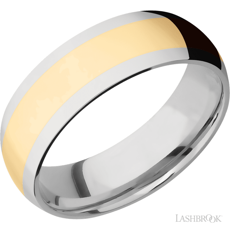 7 mm wide/Domed/14K White Gold band with one 4 mm Centered inlay of 14K Yellow Gold.