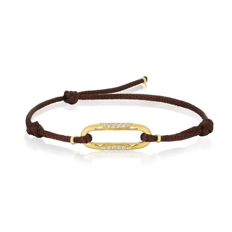 Link Bracelet with Diamonds on Brown Cord in 18kt Yellow Gold