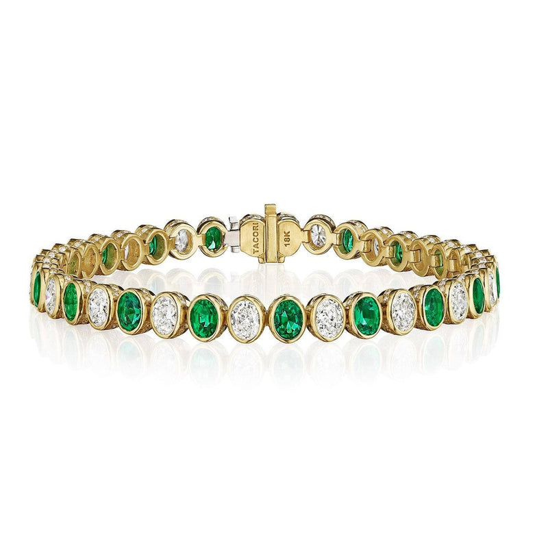 Bezel-Set Emerald & Diamond Tennis Bracelet in 18kt Yellow Gold