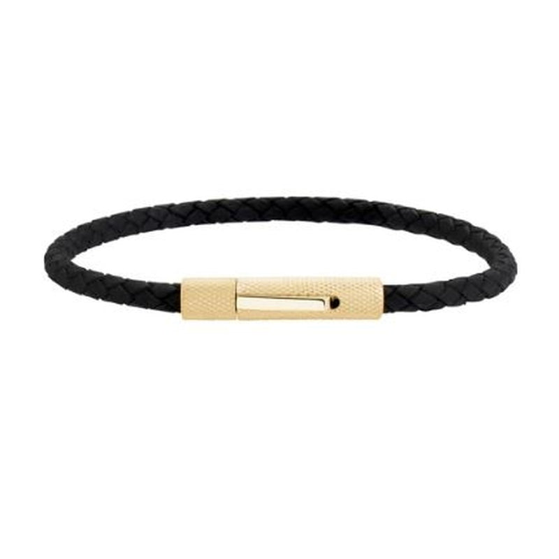 GOLD STEEL BLACK LEATHER BRACELET 4MM 8"