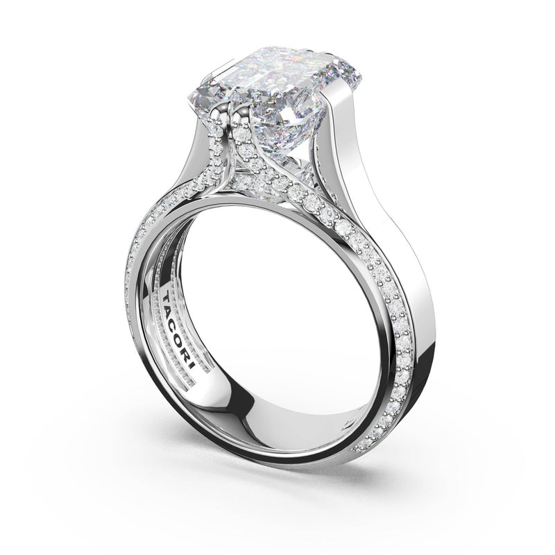 Emerald Wide Band Solitaire Engagement Ring in Platinum