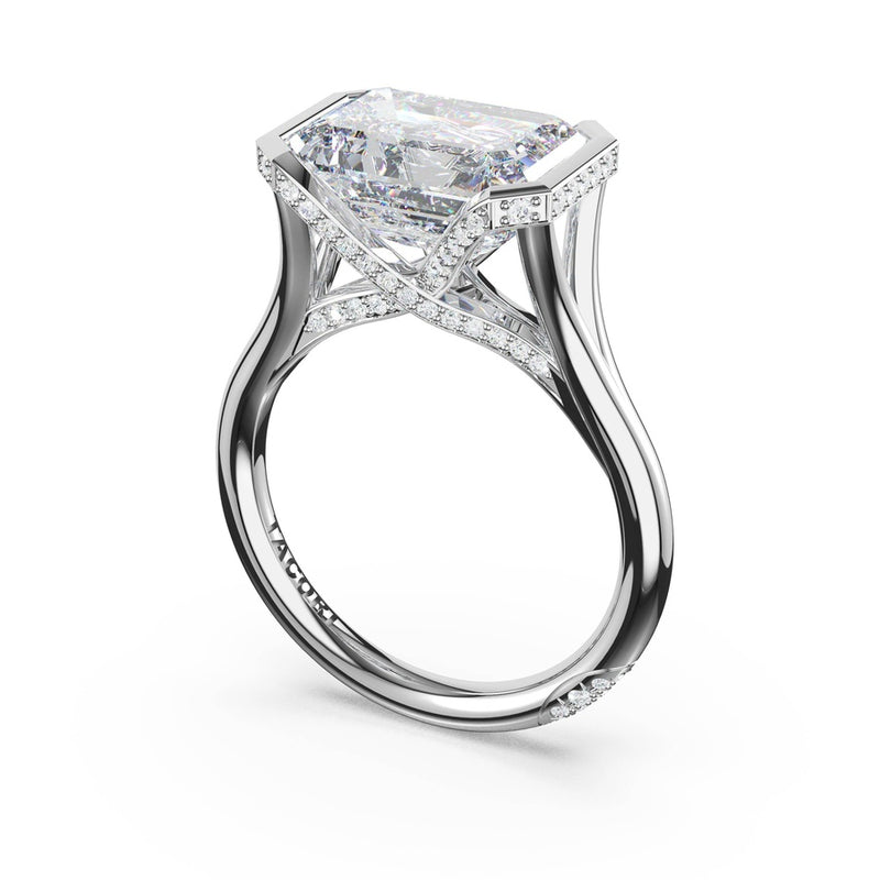 Emerald East-West Semi Bezel Solitaire Engagement Ring in 18kt White Gold