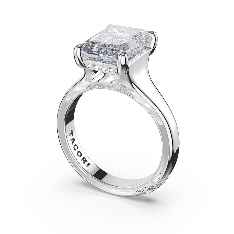 Emerald Wide Band Solitaire Engagement Ring in 18kt White Gold