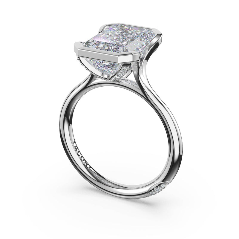 Emerald North/South Semi-Bezel Pavé-Prong Ring in 18kt White Gold