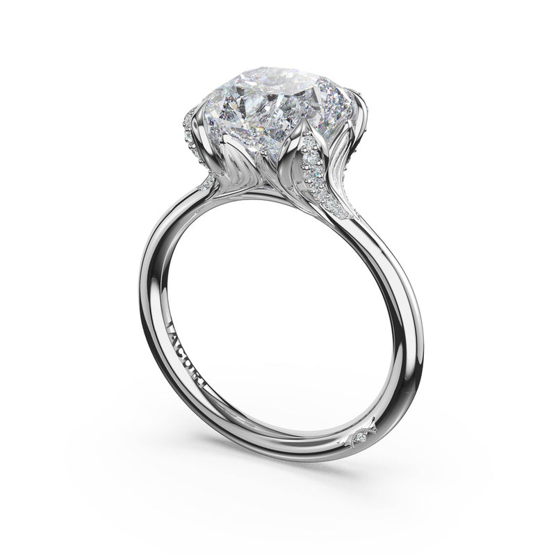 Cushion Petal-Crown Pavé Accent Solitaire in Platinum
