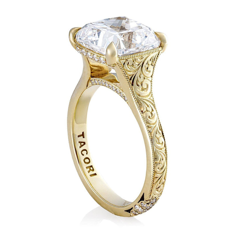 Scroll Hand Engraved Wide Band Cushion Solitaire Engagement Ring