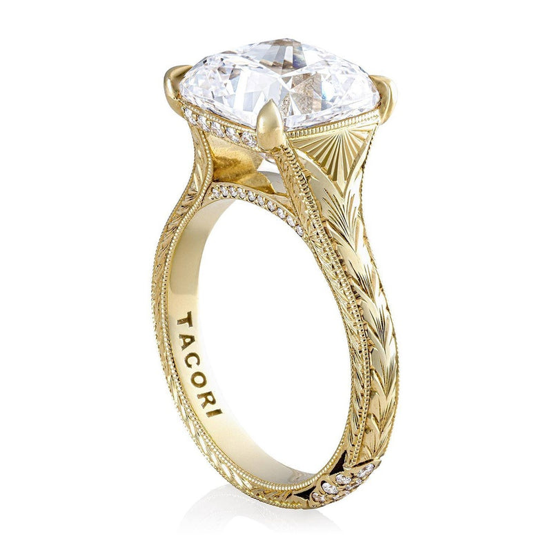 Wheat Hand Engraved Wide Band Cushion Solitaire Engagement Ring
