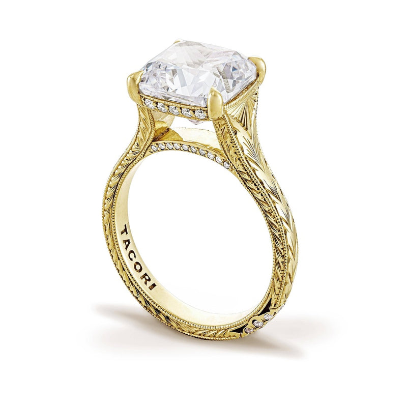 Wheat Hand Engraved Wide Band Cushion Solitaire Engagement Ring
