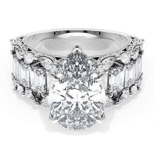 Pear Solitaire Engagement Ring w/ Emerald & Pear Band
