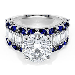 Round Solitaire Engagement Ring w/ Emerald & Pear Band