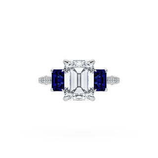 Emerald 3-Stone Engagement Ring in Blue Sapphire