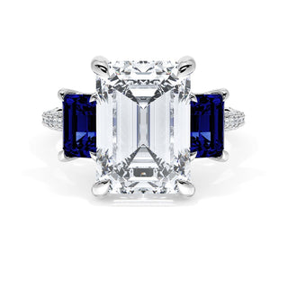 Emerald 3-Stone Engagement Ring in Blue Sapphire