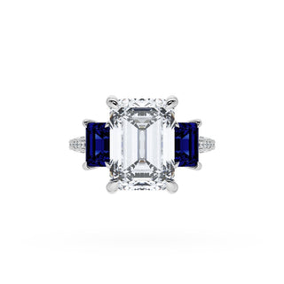 Emerald 3-Stone Engagement Ring in Blue Sapphire