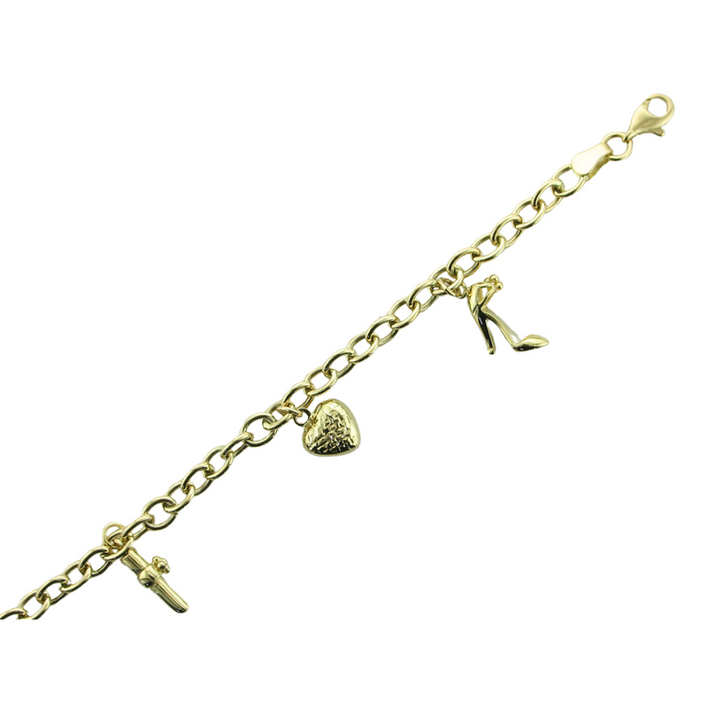 7.5" HEART/PURSE/SHOE/LIPSTICK 14KY BRACELET