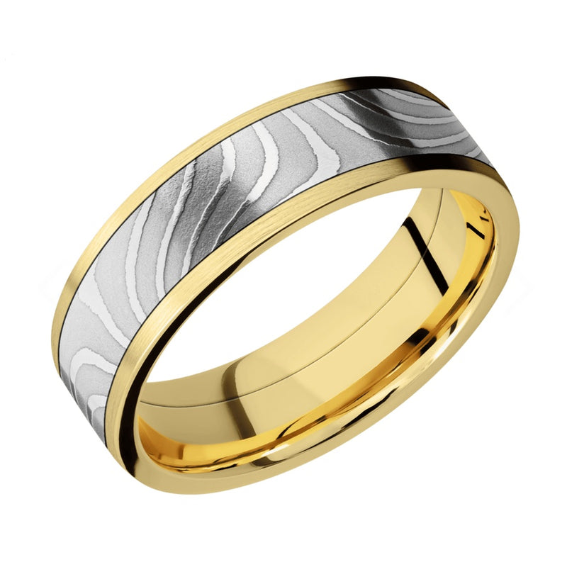 7MM 18KY W/5MM DAMASCUS INLAY BAND