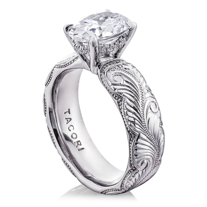 Oval Solitaire Wheat Hand Engraved Cigar Band Engagement Ring