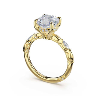 Marquise Pattern Cushion Solitaire Engagement Ring in 14kt Yellow Gold