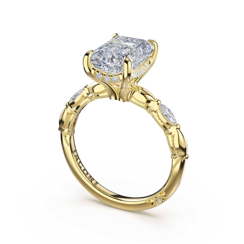 Marquise Pattern Emerald Solitaire Engagement Ring in 14kt Yellow Gold