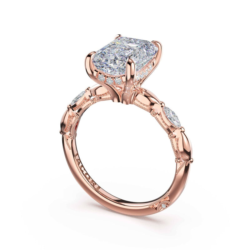 Marquise Pattern Emerald Solitaire Engagement Ring in 14kt Rose Gold