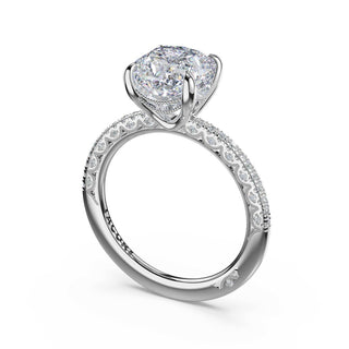 Half-Pavé Cushion Solitaire Engagement Ring in Platinum
