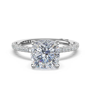 Half-Pavé Cushion Solitaire Engagement Ring in Platinum