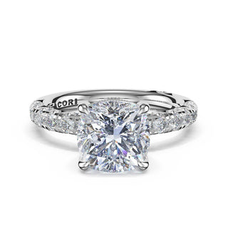 Half-Pavé Cushion Solitaire Engagement Ring in Platinum