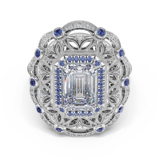 Emerald Estate Diamond and Sapphire Engagement Ring in Platinum