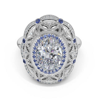 Oval Estate Diamond and Sapphire Engagement Ring in 18kt White Gold