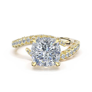 Pavé Bypass Cushion Engagement Ring in 14kt Yellow Gold