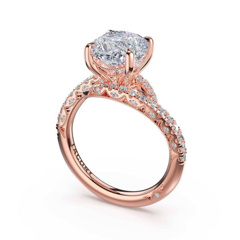 Pavé Bypass Cushion Engagement Ring in 14kt Rose Gold