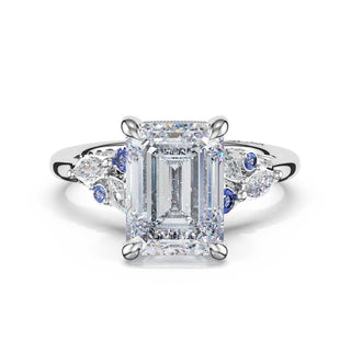 Sapphire Cluster Emerald Engagement Ring in 14kt White Gold