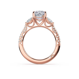 3-Stone Pear Diamond Side Cushion Engagement Ring in 14kt Rose Gold
