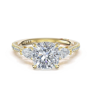 3-Stone Pear Diamond Side Cushion Engagement Ring in 18kt Yellow Gold