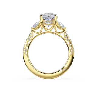 3-Stone Pear Diamond Side Cushion Engagement Ring in 18kt Yellow Gold
