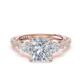 3-Stone Pear Diamond Side Cushion Engagement Ring in 18kt Rose Gold