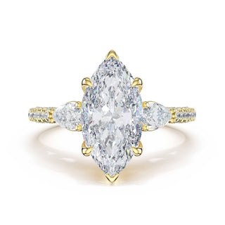3-Stone Pear Diamond Side Marquise Engagement Ring in 14kt Yellow Gold