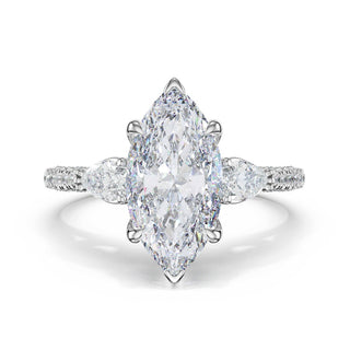 3-Stone Pear Diamond Side Marquise Engagement Ring in 14kt White Gold