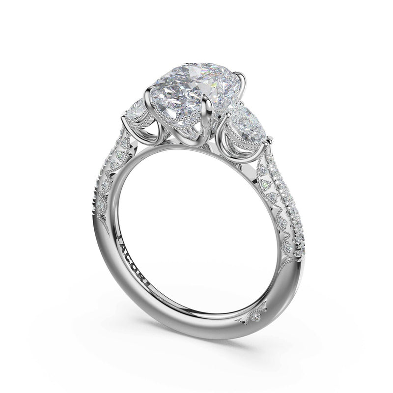 3-Stone Pear Diamond Side Oval Engagement Ring in 14kt White Gold
