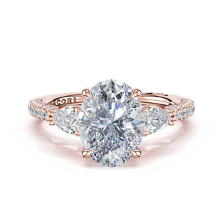 3-Stone Pear Diamond Side Oval Engagement Ring in 14kt Rose Gold