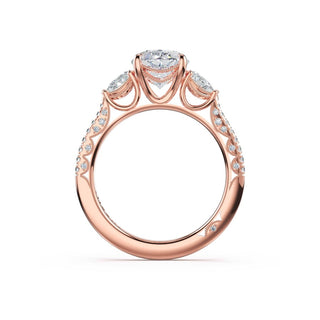 3-Stone Pear Diamond Side Oval Engagement Ring in 14kt Rose Gold