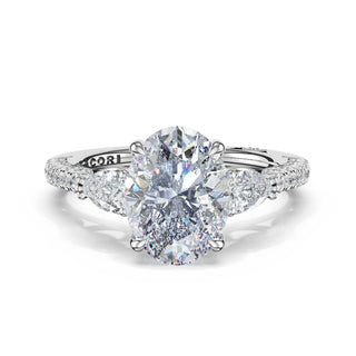 3-Stone Pear Diamond Side Oval Engagement Ring in 18kt White Gold