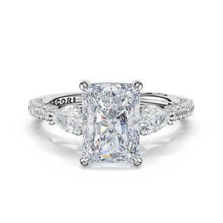 3-Stone Pear Diamond Side Radiant Engagement Ring in 14kt White Gold