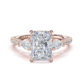 3-Stone Pear Diamond Side Radiant Engagement Ring in 18kt Rose Gold