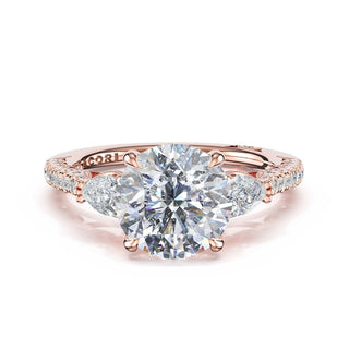 3-Stone Pear Diamond Side Round Engagement Ring in 18kt Rose Gold