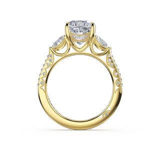 3-Stone Pear Diamond Side Cushion Engagement Ring in 14kt Yellow Gold
